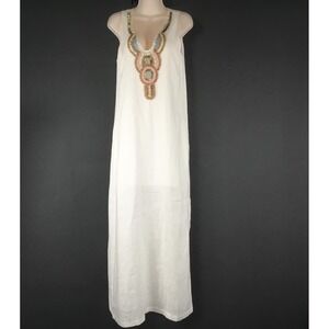 Linen Maxi Dress Women Small White Beaded  Sleeveless V Neck Lined Boston Proper